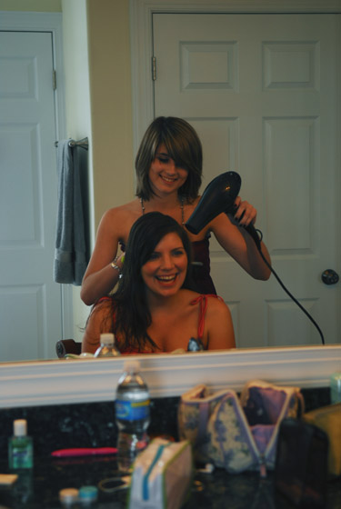 The girls, getting their hair ready